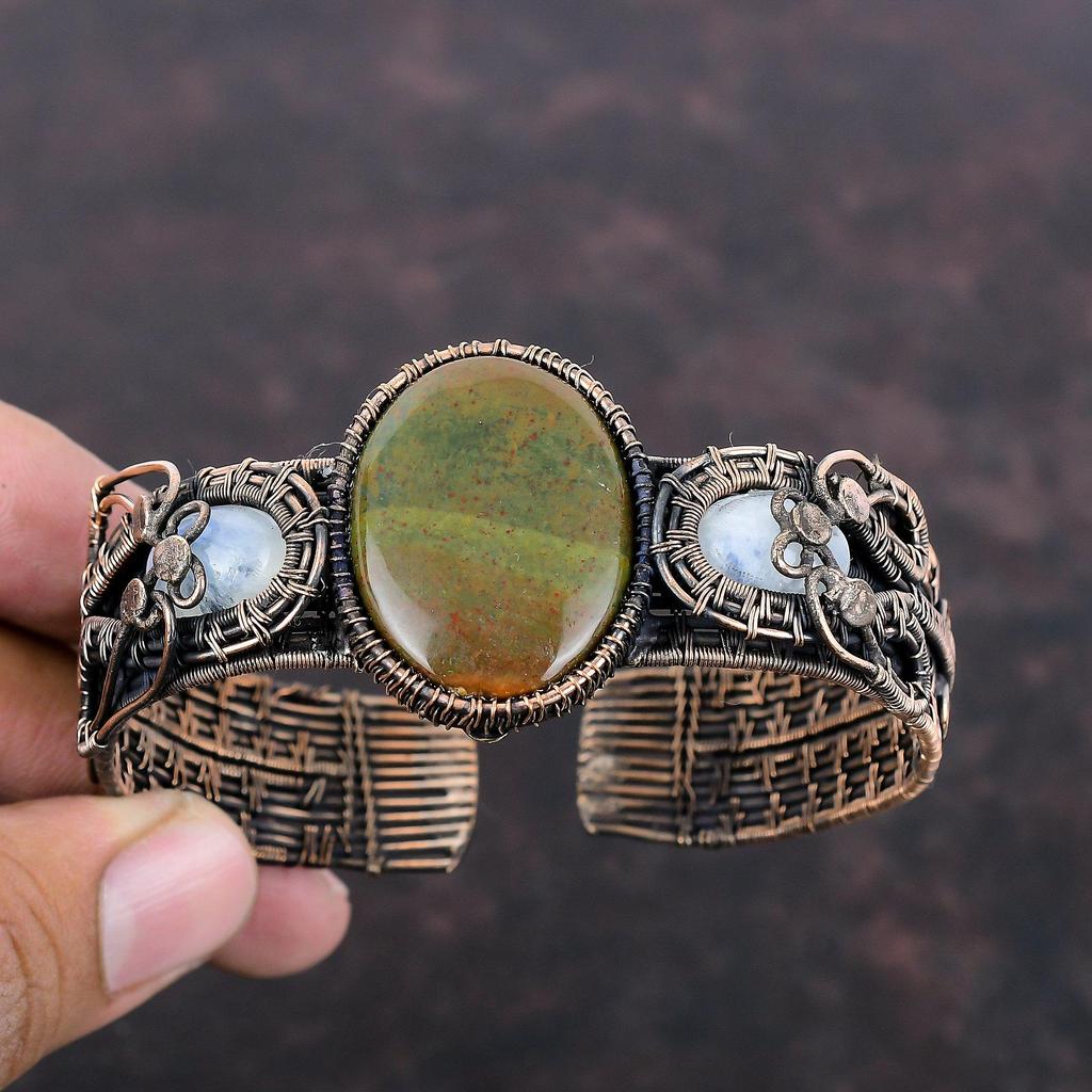 Bloodstone Cuff Bracelet Copper Wire Wrapped Handmade Bangle Adjustable Cuff Bracelet Moonstone Gemstone Bangle Copper Jewelry Gift For Him
