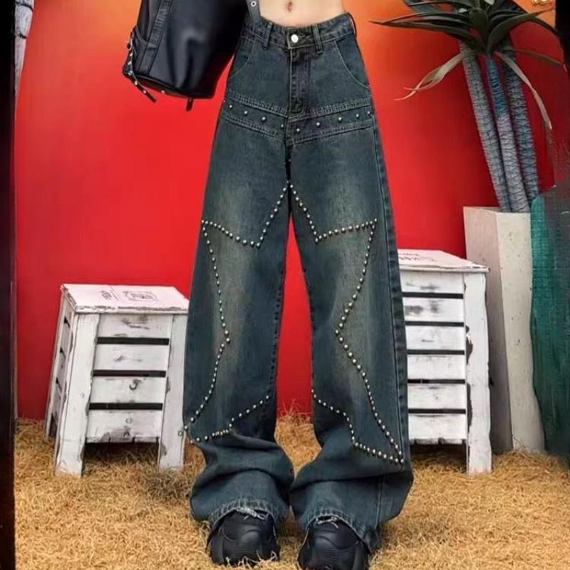 Women's Spring American Style High Street Rivet and Star Embellished Washed Jeans Loose Fit Slimming Retro Design Wide Leg Pants