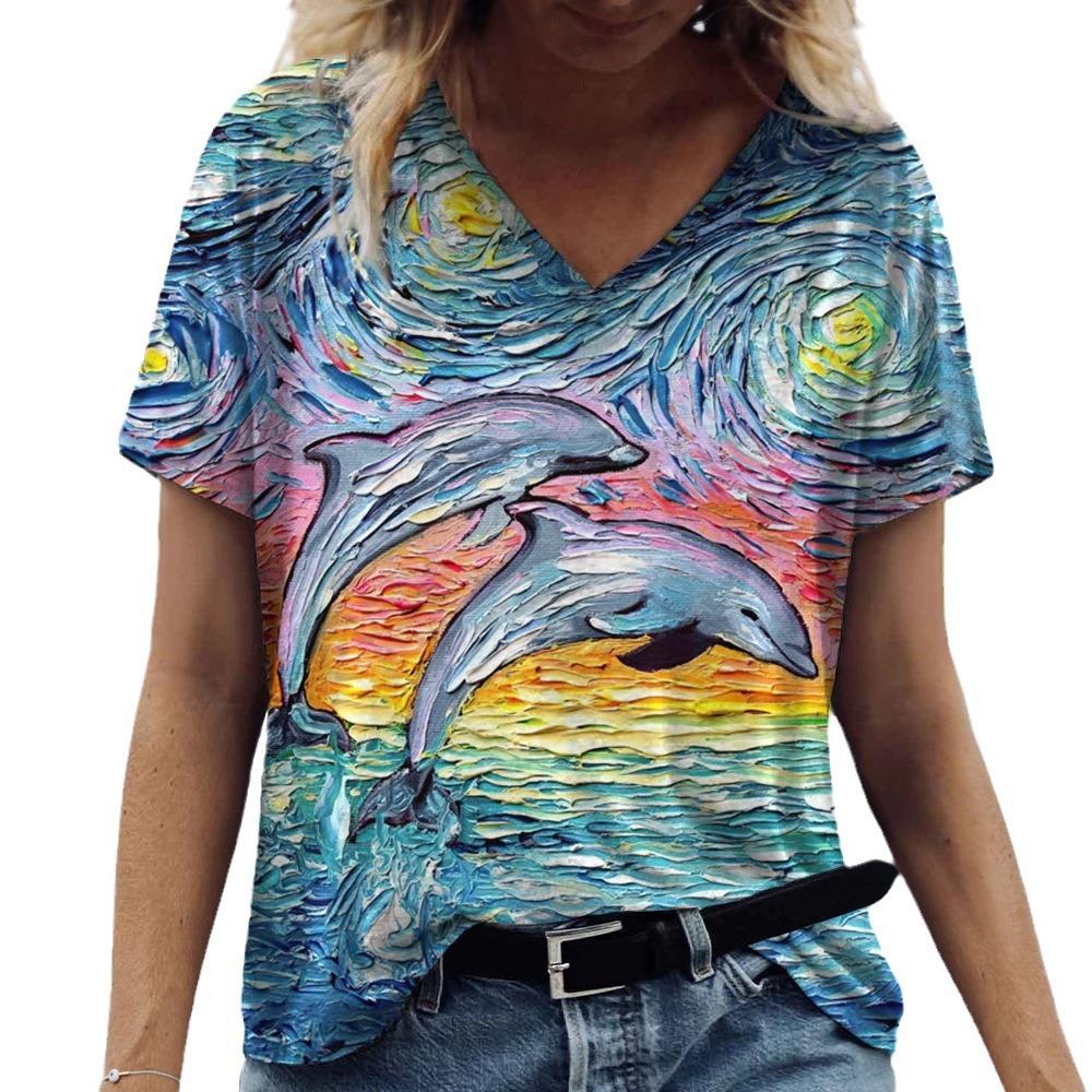 T-shirt col en V pour femme Dauphin imprimé en 3D T-shirt tendance imprimé à manches courtes