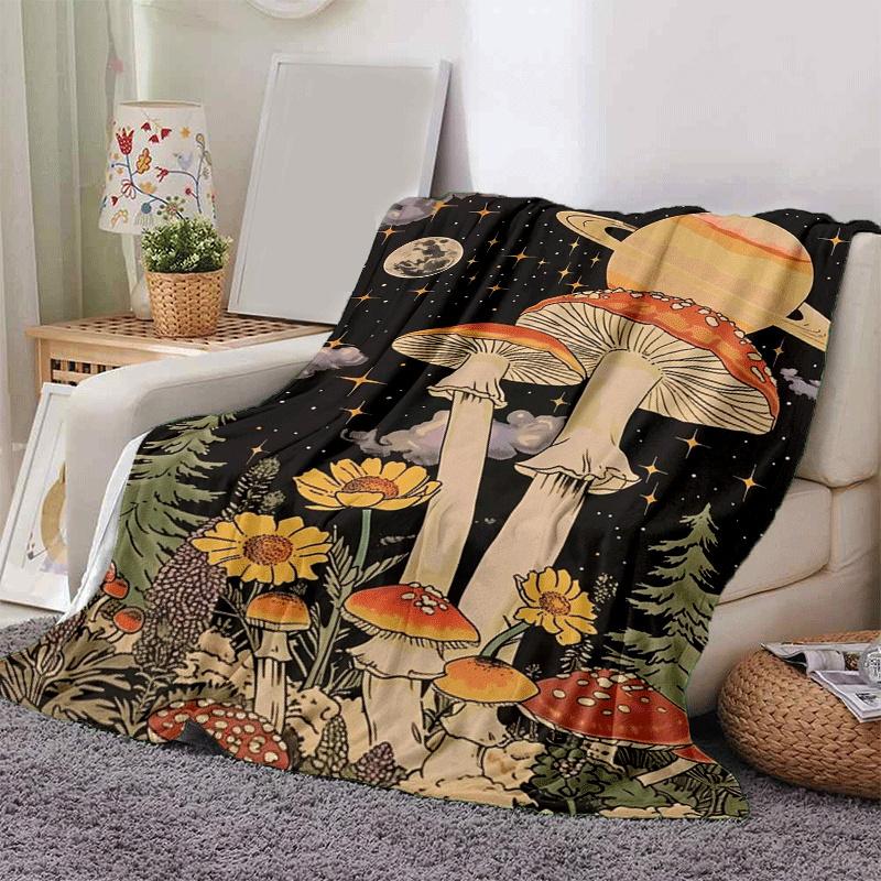 1pc Mushroom Printing Lightweight Flannel Blanket, Comfortable and Warm Blanket, for Camping Sofa Bed and Couch Office, Gift