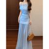 Seaside Vacation Blue Smudged Floral Shoulder Dress Niche Non-collision Waist Hip Skirt Summer