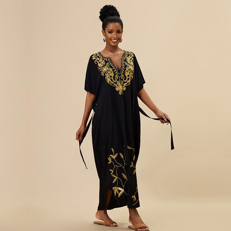 Sexy Kaftan Dress Women Plus Size Beach Wear Bohemian Tie Dye Striped Bikini Cover-ups Long Tunic Swim Suit Cover Up KTB