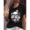 Womens Casual Skull Floral Graphic Tee Black White Print Relaxed Fit Round Neck Short Sleeve Breathable Machine Washable Edgy Semitransparent Summer