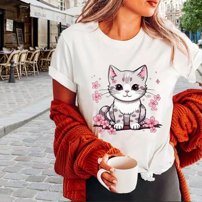 Mode Dam Katt- och Blommönster T-shirt Rolig Casual Rundhalsad Kortärmad T-shirt Sommar Dam Tee Shirt