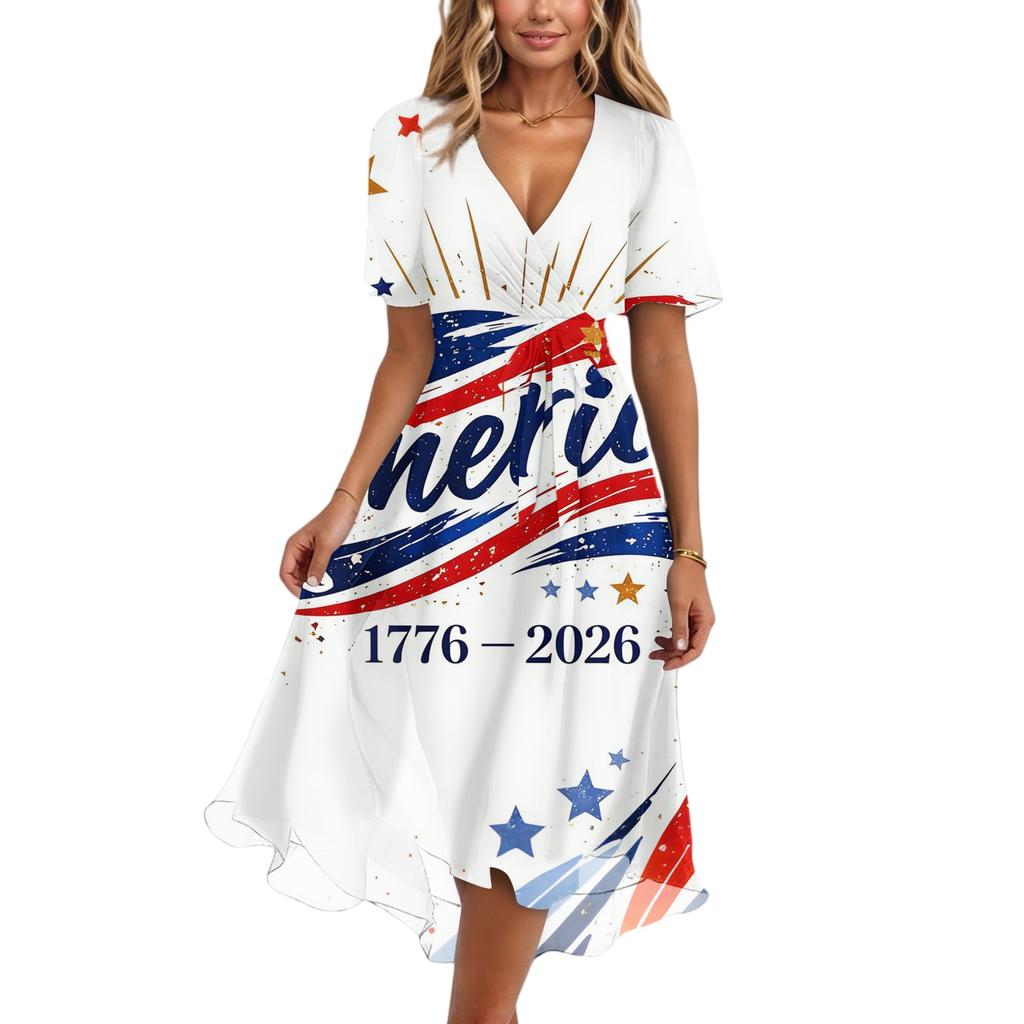 Women’s V Neck Short Sleeve Midi Dress with Abstract Print and Asymmetrical Hem for Casual or Daily Wear