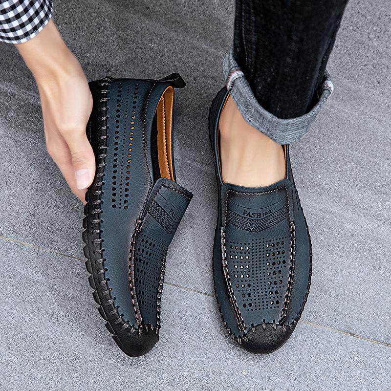 Men's Large Leather Slip-On Loafers: Summer Breathable Hollow Design Driving Shoes