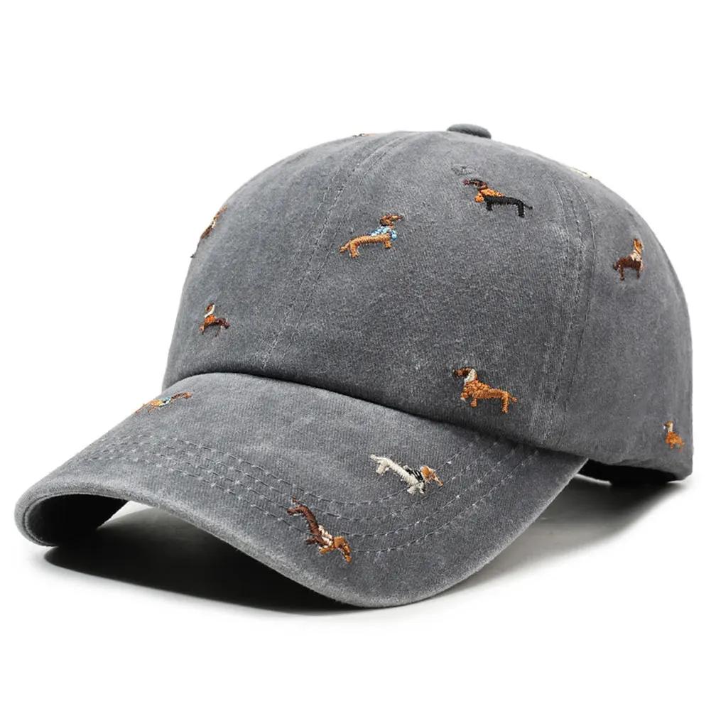 Fashion Washed Cotton Baseball Cap with Embroidery Puppy Soft Distressed Vintage Style Streetwear Caps for Women & Men