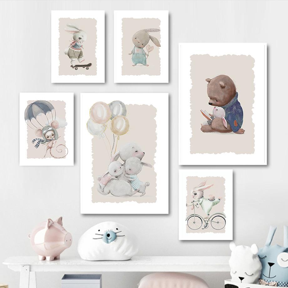 Urso Coelho Engraçado Livro de Bebê Balão Pôster de Berçário Desenho Animado Arte de Parede Impressão Pintura em Tela Quarto de Bebê Crianças Decoração de Casa Imagem