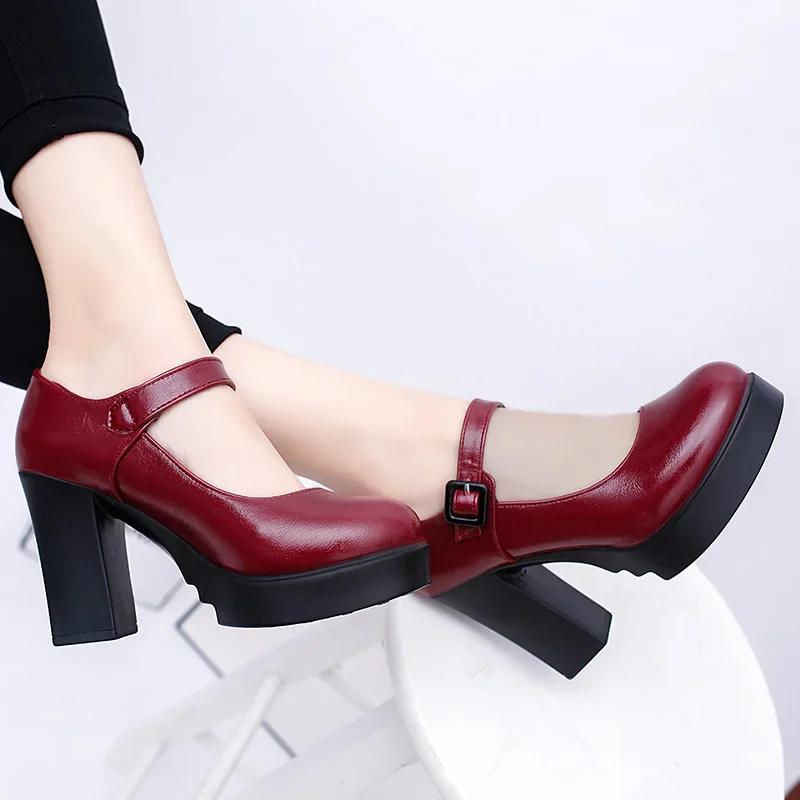 Mode 2024 Vente Chaude Chaussures pour Femmes Boucle Un Mot Escarpins pour Femmes Automne Bout Rond Uni Mary Jane Talons Hauts Chaussures Imperméables Dames