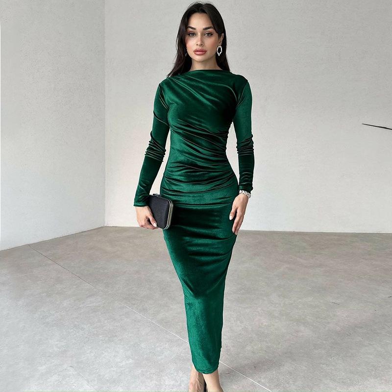 Women's Spring Solid Color Slim Pleated Round Neck Long Sleeve Dresses