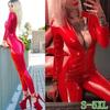 Catsuit en cuir peint rouge pour femmes, manches longues, body en Latex PVC, fermeture éclair sur le devant, entrejambe ouvert, extensible, Style de rue