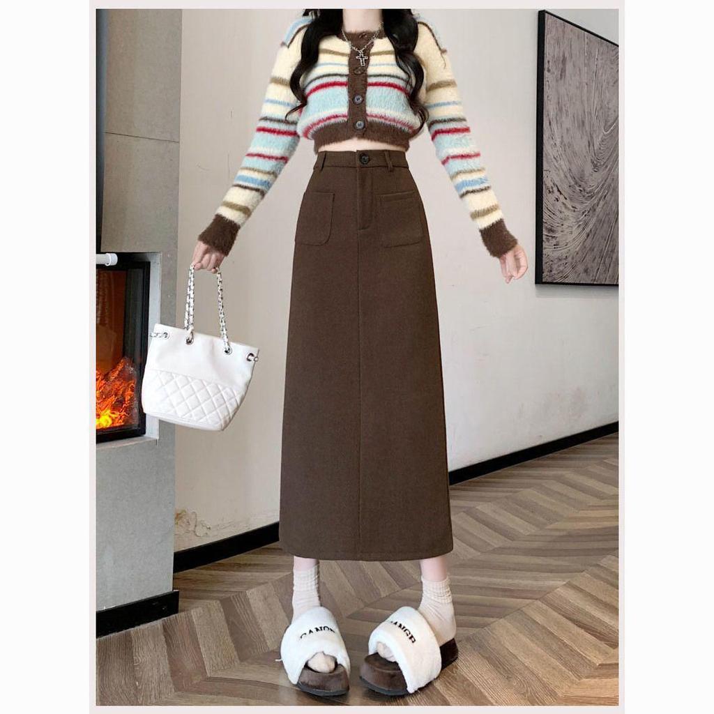 2025 Herbst/Winter Wolliger High-Waist Schlankmachender Gerader Midi-Rock mit Schlitz