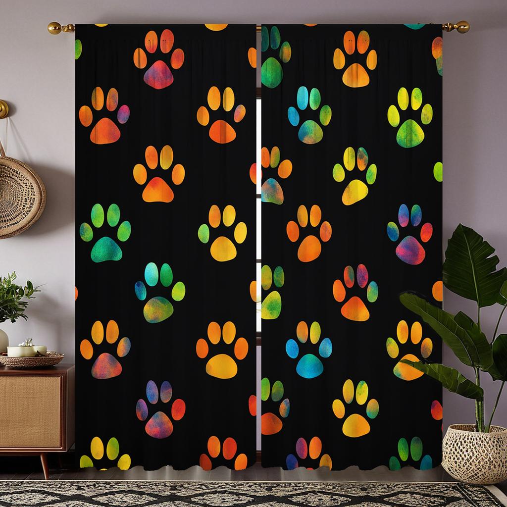 2 Stück HD Digital Schwarze Farbe Tierpfotenabdruck Vorhänge Heimdekorationsstil Dekoration Wohnzimmer Schlafzimmer Ösenvorhänge