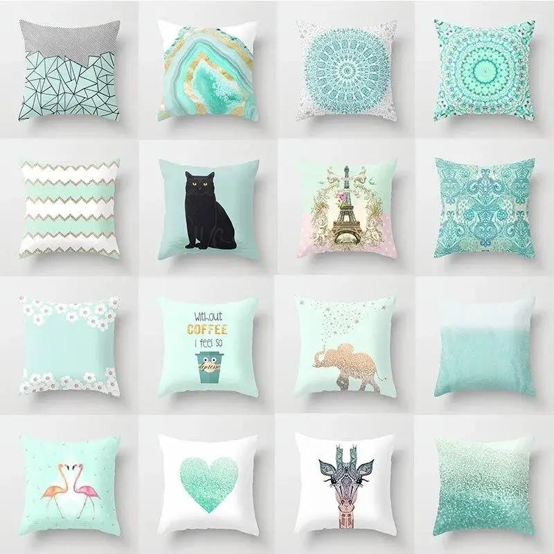 Mint Green Cushion Cover Geometric Printing Pattern Pillowcase 45*45cm Living Room Bed Square Cushion Cover Decorative