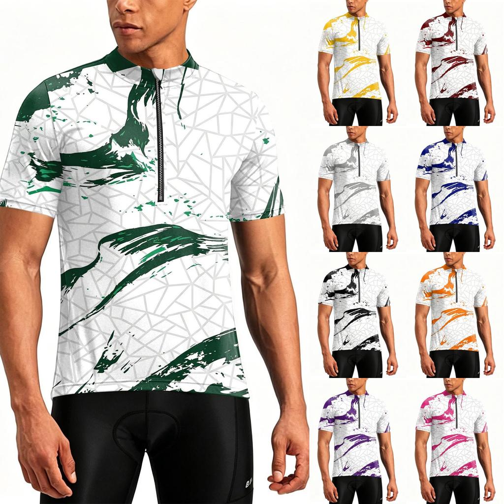 Men's Short Sleeve Cycling with Zip - Printed, Breathable, Quick Dry, Neck for Biking