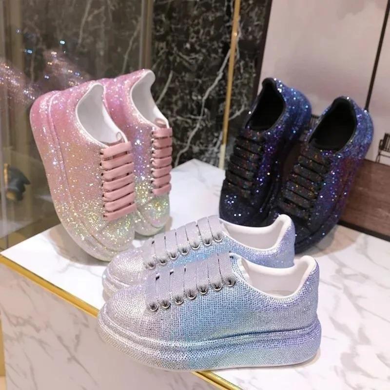 Mode Höst Läder Damskor Ny Stil Mode Rosa Platåskor Ins Platåskor Sneakers Tide Shine Bling Strass Skor