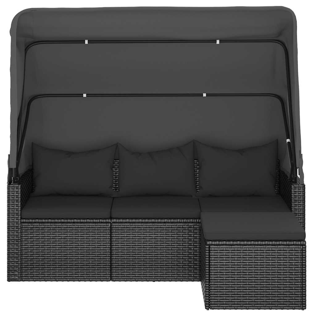 Vidaxl 3-Os. Garden Sofa With Canopy And Footrest, Poly Rattan, Black