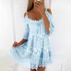 Lässiges, lockeres, süßes Sommerkleid mit kurzen Ärmeln, sexy, schulterfreies Leibchen, Spitzenkleid, einfarbig, O-Ausschnitt, kurze Minikleider 26249