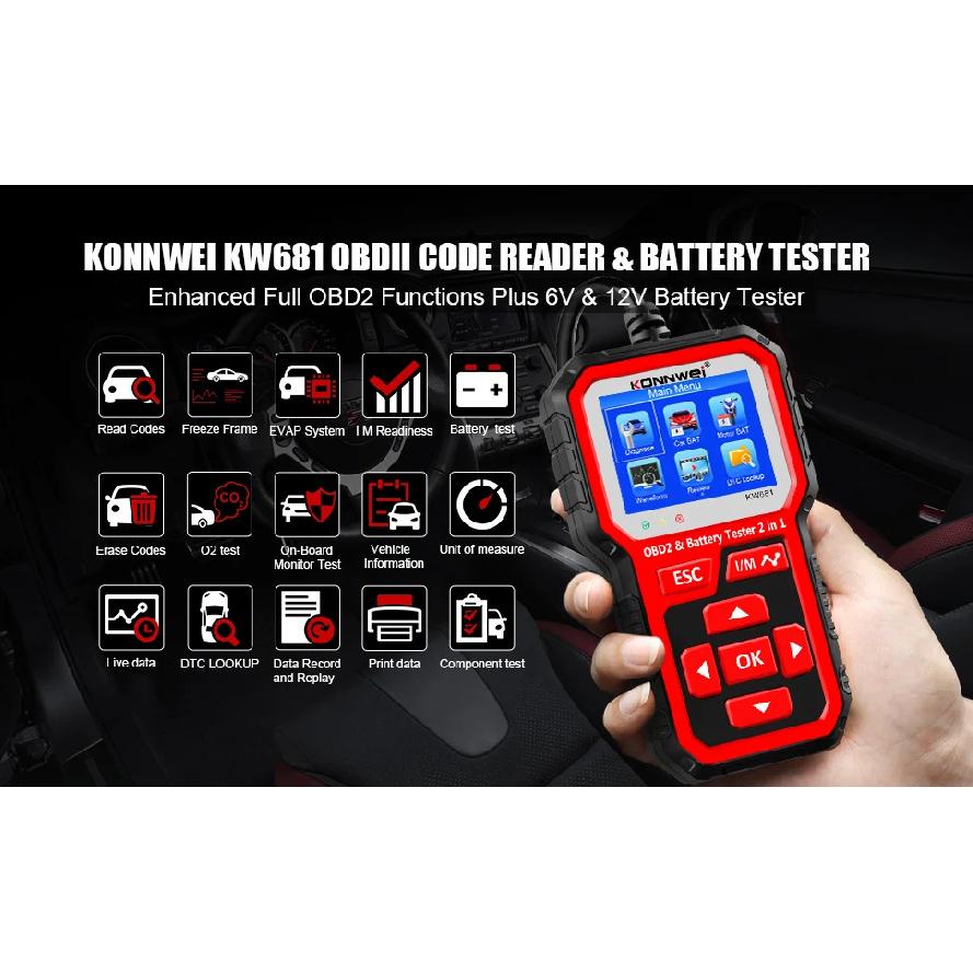KONNWEI KW681 Car OBD2 Scanner Battery Tester 2in1 6V 12V Clear Trouble Codes Read Data Stream Freeze Frame Car Diagnostic Tools
