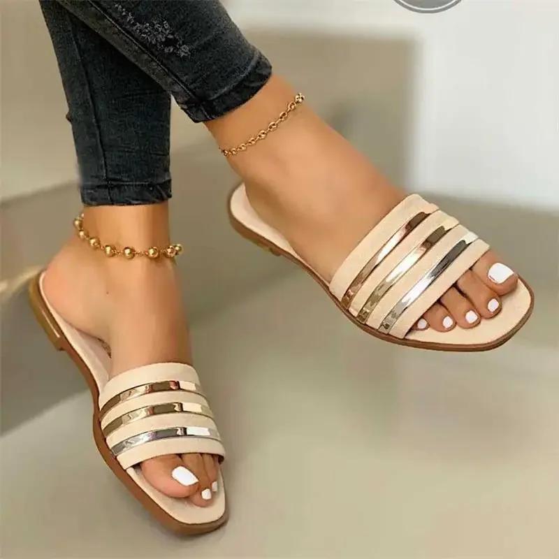 Fashion Women Slippers 2025 New Metal Striped Summer Flat Shoes Fashion Slip On Slides Outdoor Female Casual Women Sandals Plus Size 43