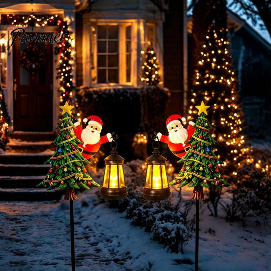Decorative Christmas Solar Stakes 2Pcs Santa Garden Stake Lights, Pathway Lawn Winter Landscape Lighting Decor with Metal Lantern, Waterproof Outdoor
