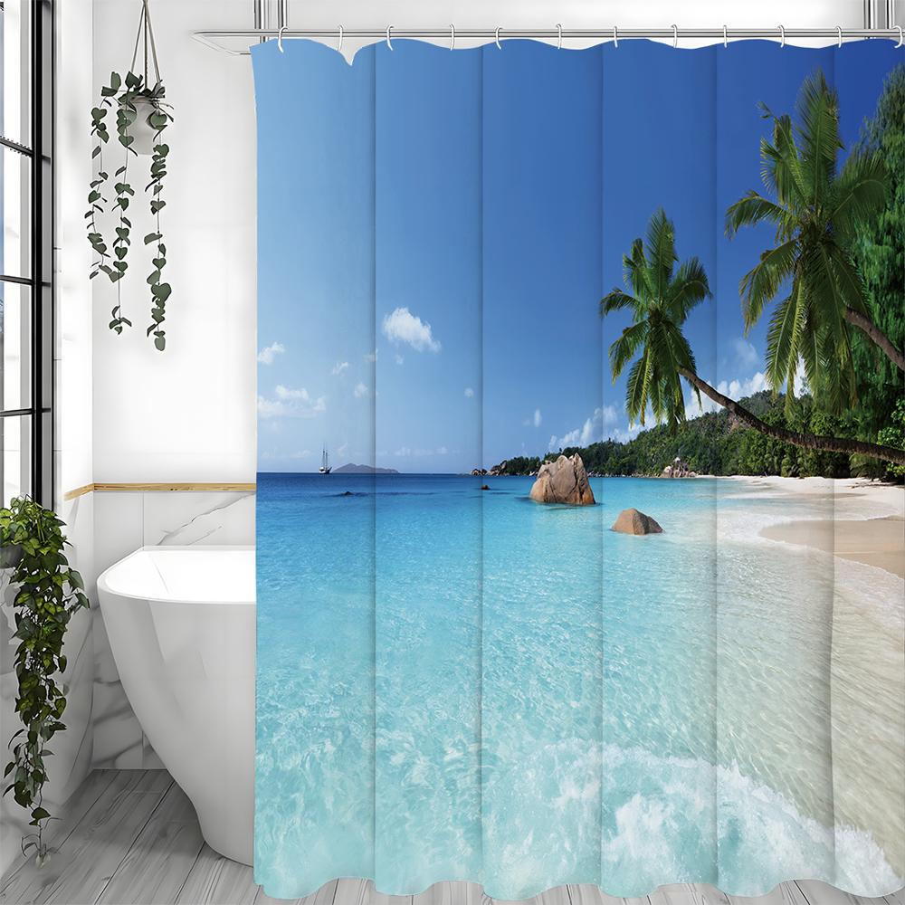 Ocean Beach Coconut Tree Shower Curtain, Bathroom Decorative Shower Curtain, Waterproof Shower Curtain with Hooks