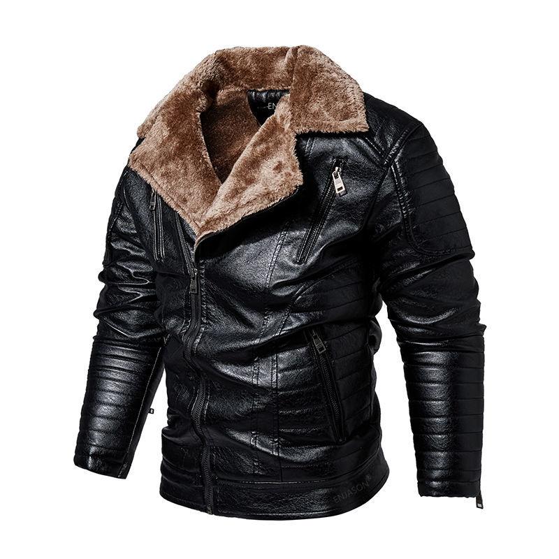 Leather Jacket Men's New Loose Biker Oblique Zipper Leather Jacket Thin Velvet Jacket