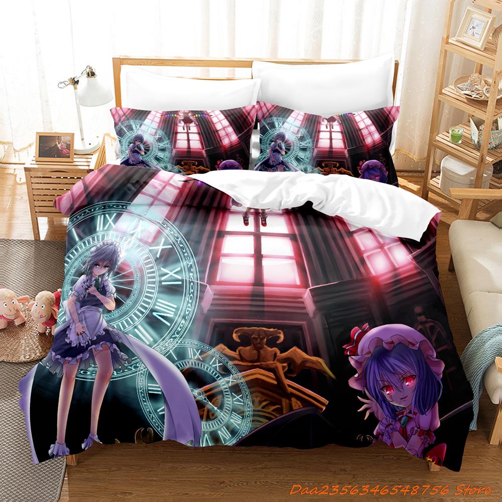 Touhou Project Remilia Scarlet Bedding Set Cartoon Anime Three-Piece Set Adult Kid Bedroom Duvetcover Sets 3D Devil Girls