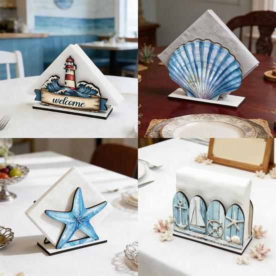 Ocean Themed Wooden Napkin Holder for Table, Summer Coastal Napkin Dispenser, Rustic Tissue Holder for Kitchen, Dining Room