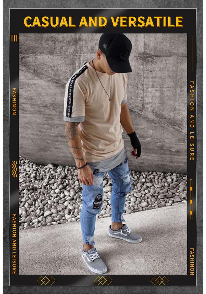 European and American Men's Ripped Badge Skinny Jeans