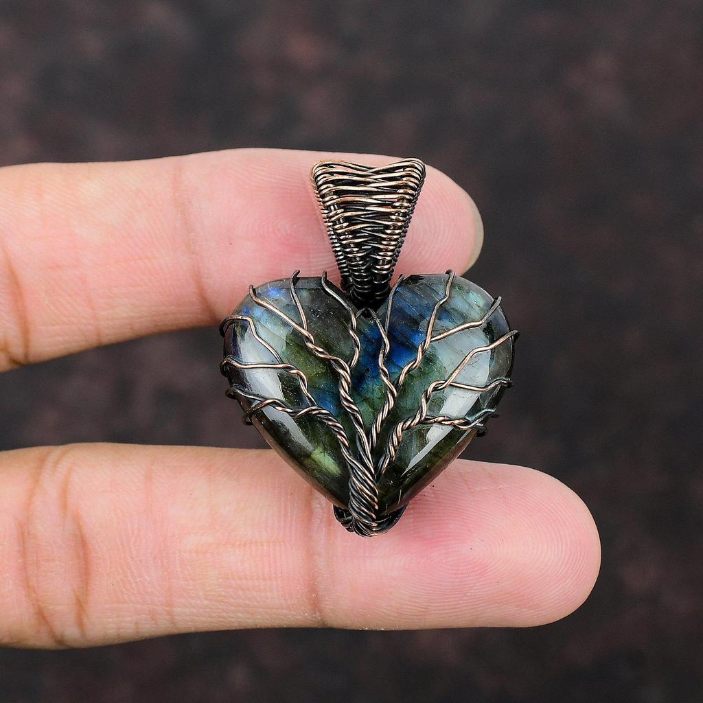 Tree Of Life Labradorite Pendant Copper Wire Wrapped Pendant Tree Of Life Gemstone Jewelry Handmade Heart Pendant Copper Jewelry For Gift