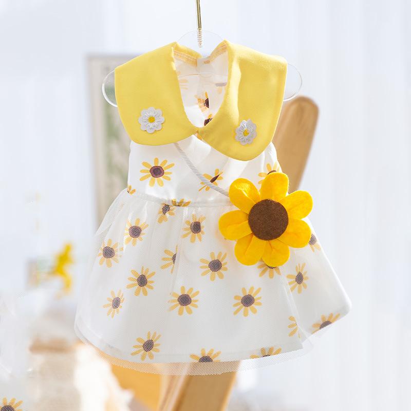Rochie de vară cu flori tridimensionale, floarea-soarelui, geantă tip poștaș, rochie de soare, rochie cu două picioare pentru pisici, rochie de vară pentru animale de companie