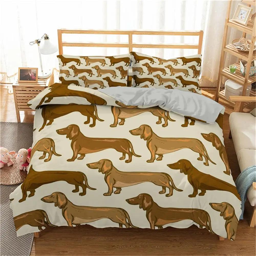 Cartoon Dachshund Bedding Set Cute Sausage Dog Duvet Cover Set Pet Puppy Printed Comforter Cover Animal Polyester Quilt Cover