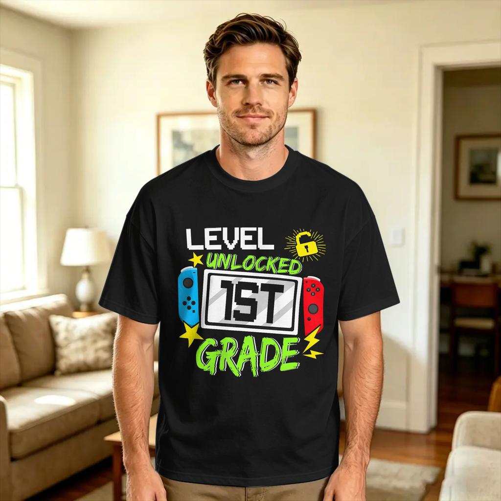 1st Grade Level Unlocked Video Game Back To School Tshirt Summer Popular Tshirts 100 Cotton O Neck Oversized Clothes