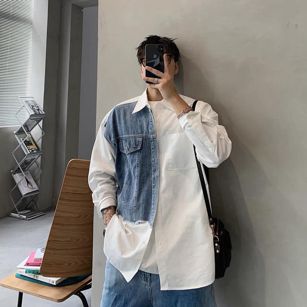 Spring and Summer Style Long Sleeved Shirt Men Loose Niche Design Contrasting Color Stitching Denim Shirt