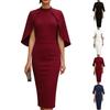 Women's Fashion Midi Dress Round Neck Short Sleeve Bodycon Pencil Dress with Cape Overlay Elegant Slim Fit Knee Length Dress