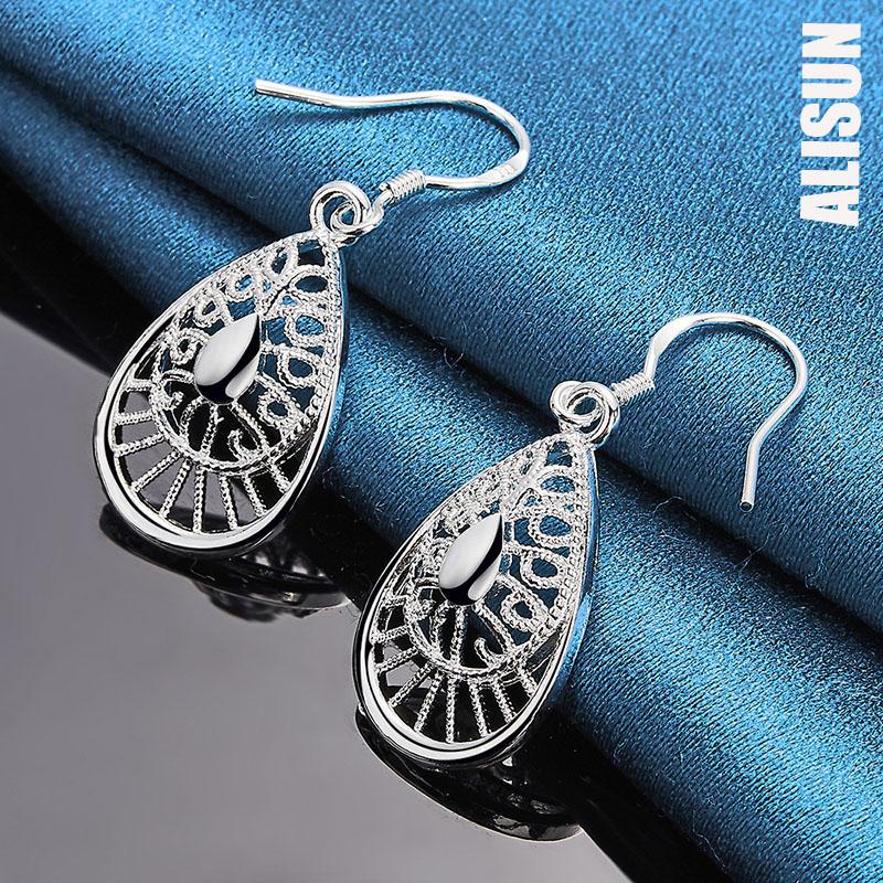 925 Sterling Silver Droplet Shaped Pendant with Piercing Earrings Fashionable Wedding Jewelry