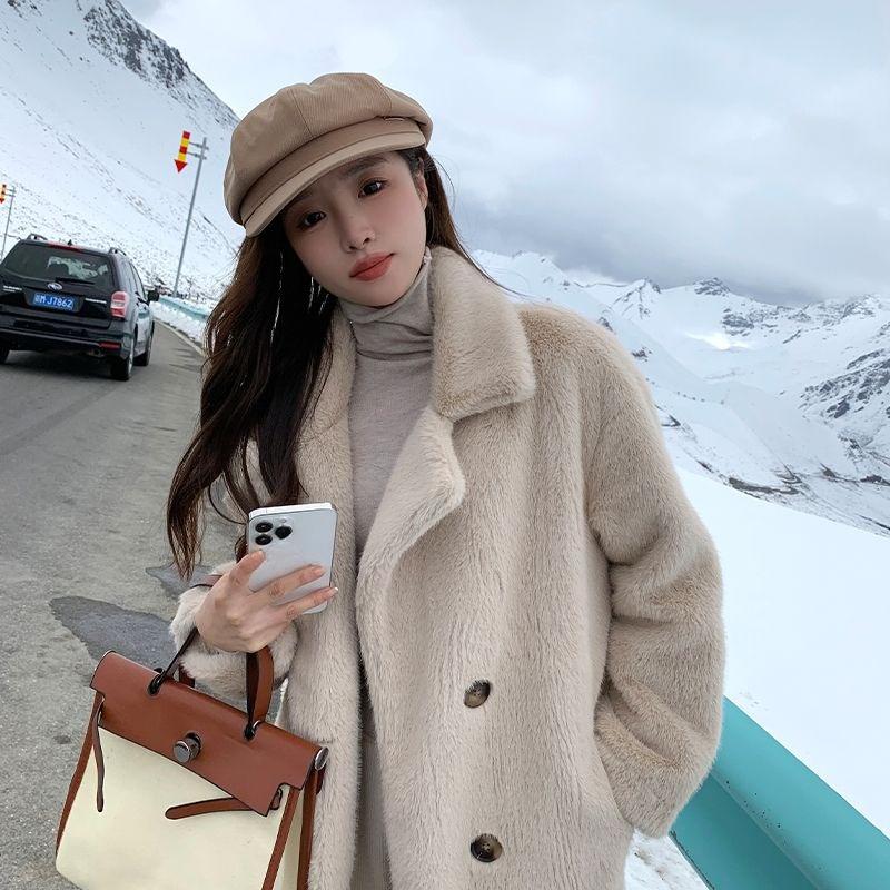 Palton Gros Călduros de Iarnă pentru Femei, Jachetă Lungă Tip Trench cu Guler din Blană Faux Mink, Eco-Friendly