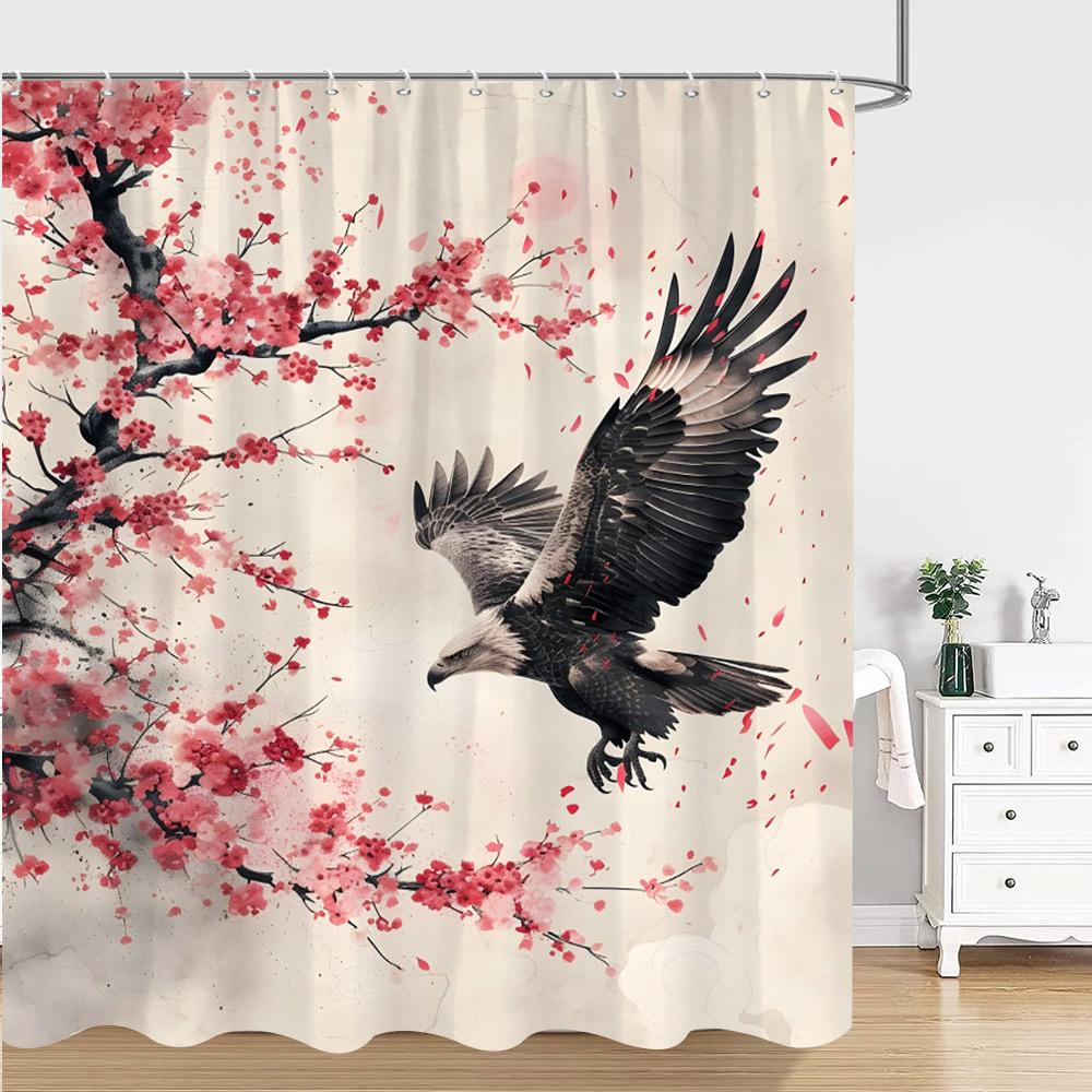 Tenda da Doccia Pittura a Inchiostro Cinese Giapponese Fiore di Prugno Rosso Pittura Artistica Stile Retrò Tende da Doccia in Poliestere Decorazione Bagno
