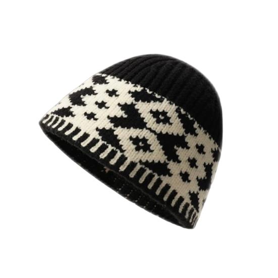 Women Retro Knitted Hat Winter Warm Rhombus Pattern Hat Big Head Sized
