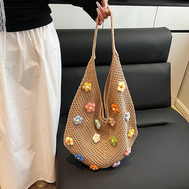 Sac à Bandoulière en Tricot Fleur pour Femme Sac à Main Léger Sac Cabas au Crochet Sac à Main à Poignée Supérieure Décontracté Sac de Voyage d'Extérieur