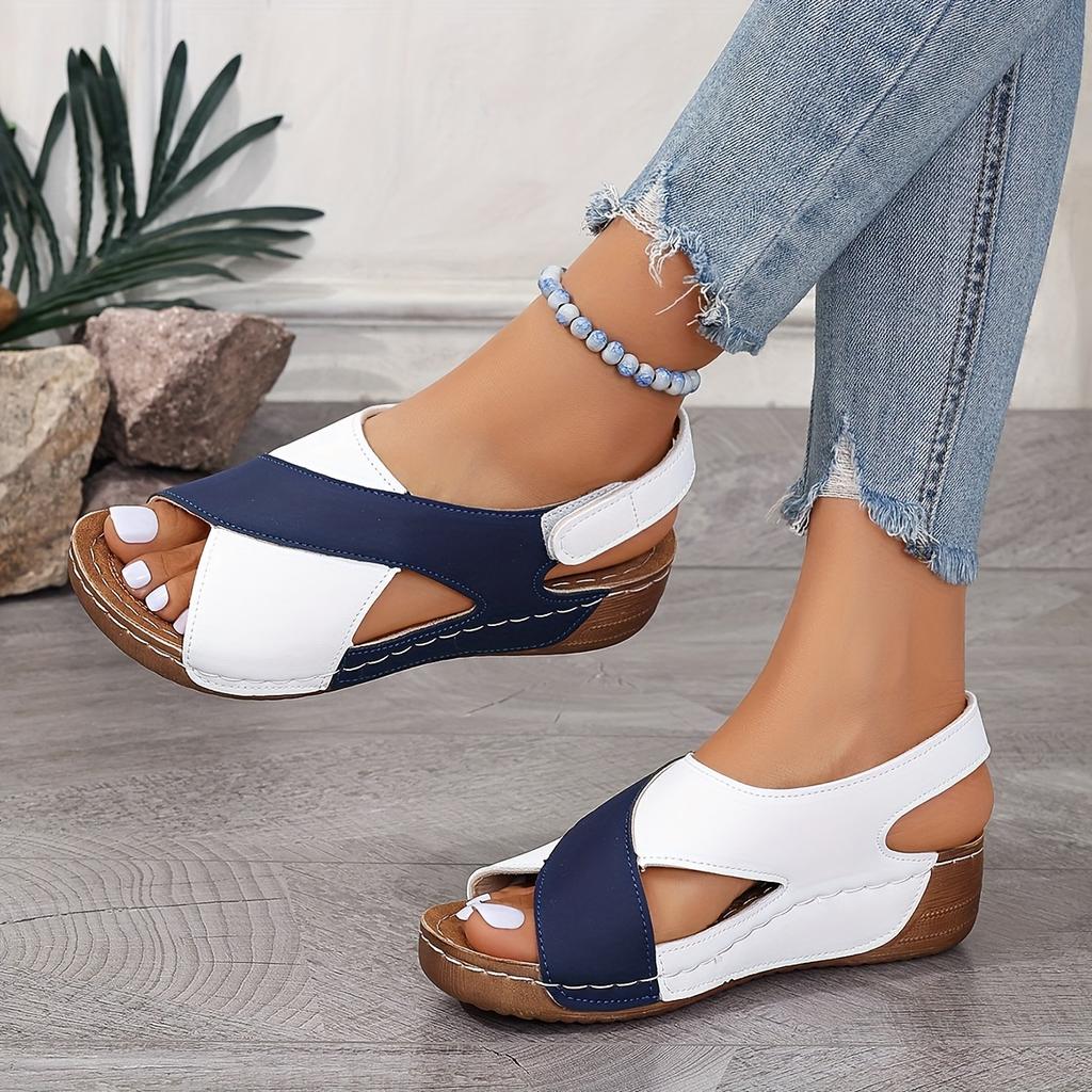Dámské sandály na klínu v kontrastní barvě, boty s měkkou podrážkou Peep Toe, pohodlné outdoorové letní sandály
