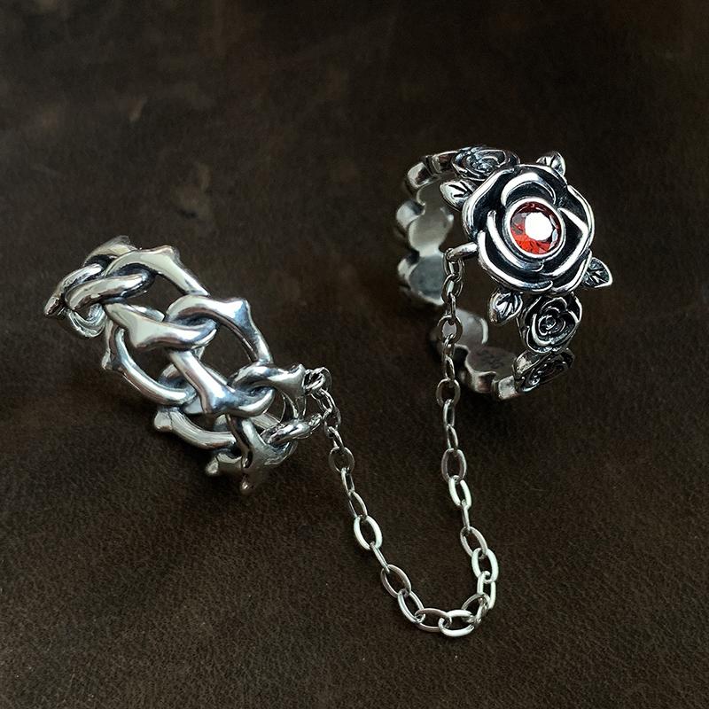 New Korean Thorn Rose Double Finger Ring Ladies Vintage Silver Color Fashion Chain Flower Opening Ring Wedding Party Gifts