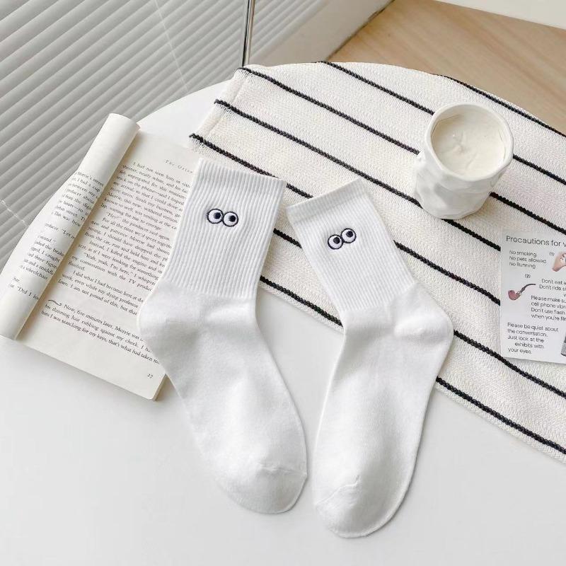 5 Pairs Autumn Women's Warm Socks White Kawaii Fun Socks Embroidery Pattern Women's Sports Socks