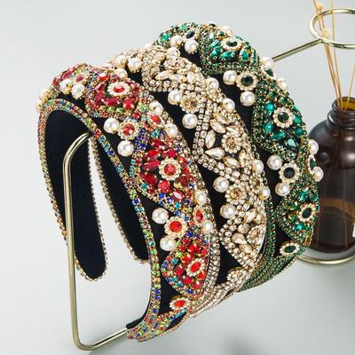 Heming Retro Velvet Headband with Diamond and Pearl Embellishments for Women