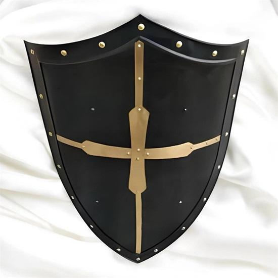 Medieval Crusader Shield Black and Gold Templar Cross Knight Armor Wall Decor Handmade