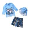 Conjunto de maiô de duas peças com estampa de desenho animado para meninos, roupa de banho de manga comprida com protetores de pele e chapéu de sol 1-7T