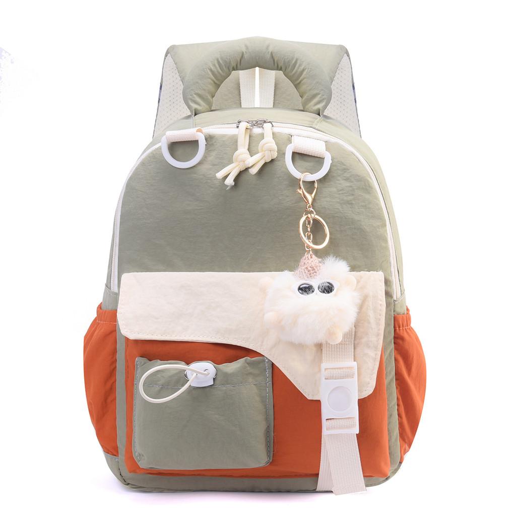 Childrens Color Blocked Backpack With Plush Pendant For School Use