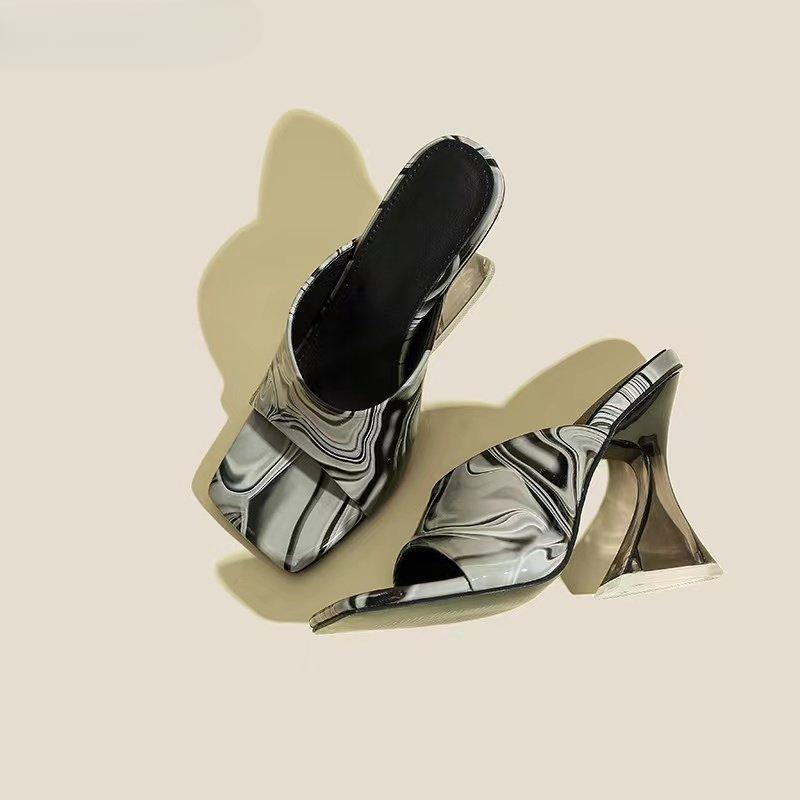 Fashion Camouflage Transparent Strange High Heels Woman Slippers Sandals Square Toe Mules Lady Pumps Slides