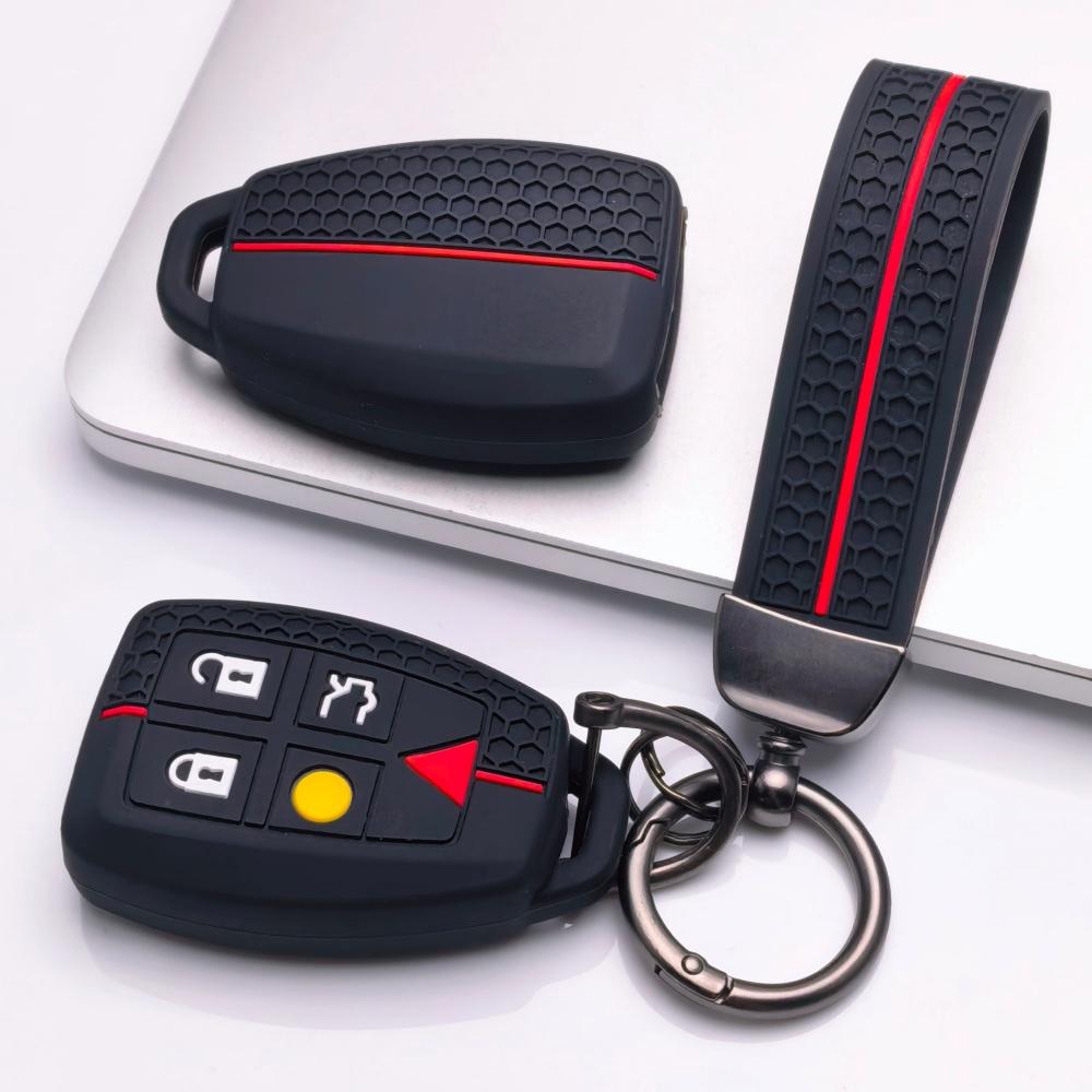 Silicone Key Fob Cover with Keychain for Volvo XC90 XC70 XC60 S80 S60 V70 V50 C30 This Soft Protective Key Case Fits 5 Button Smart Remote Keys It